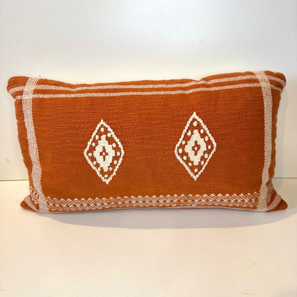 DKNY Rust Orange Boho Lumbar Pillow With Cover+ Feather Insert Size 12" x 22”